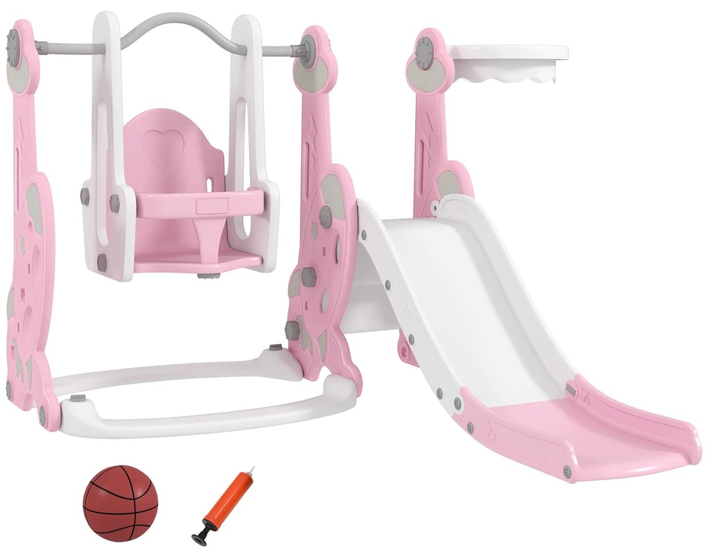 AIYAPLAY Escorrega Infantil 4 em 1 Parque Infantil com Baloiço e Escorrega Escalador Cesto de Basquetebol 147,5x160x107 cm Rosa