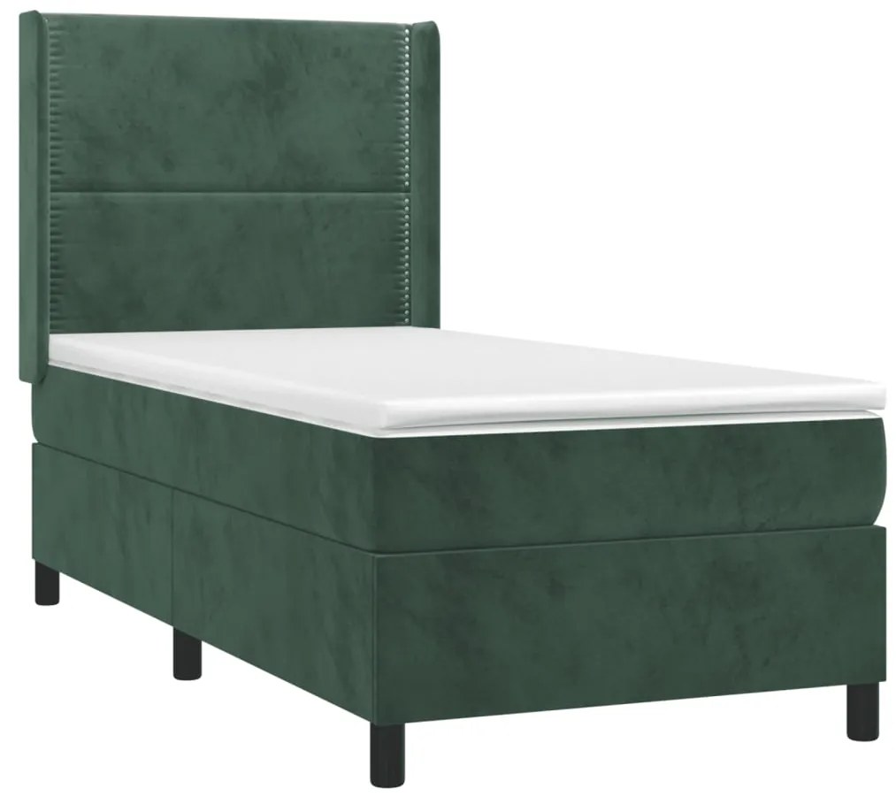 Cama box spring c/ colchão/LED 100x200 cm veludo verde-escuro