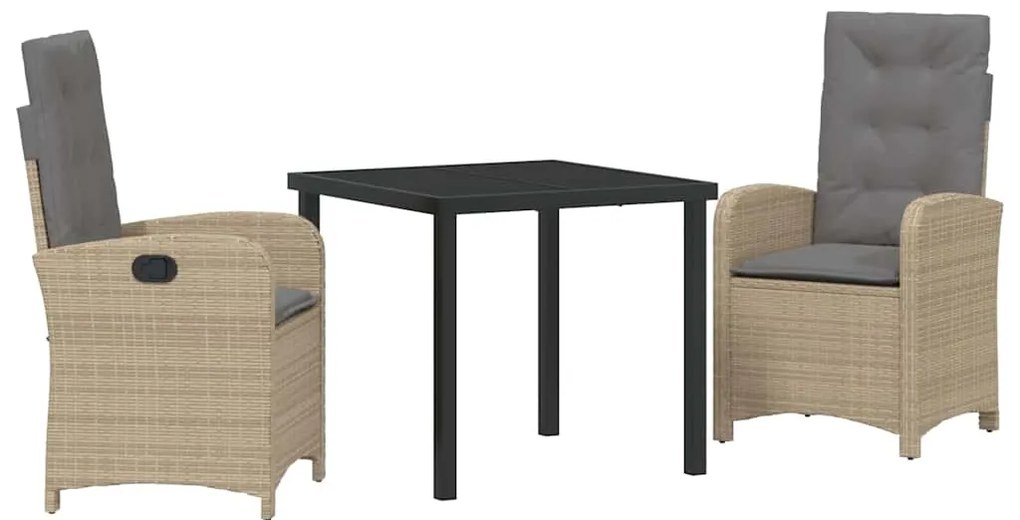 Conjunto de Jantar de Jardim 3 Peças com Almofadas Bege Rattan Poliést