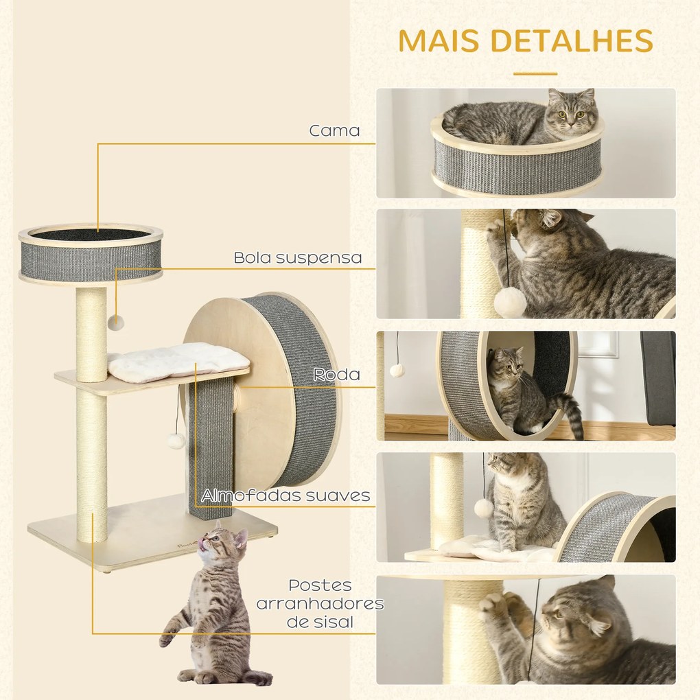 PawHut Árvore Arranhador para Gatos Médios Altura 91cm Torre de Escalada Gatos com Roda para Exercitar Cama Plataforma Almofadas Poste de Sisal e Bolas de Brinquedo Cinza e Creme