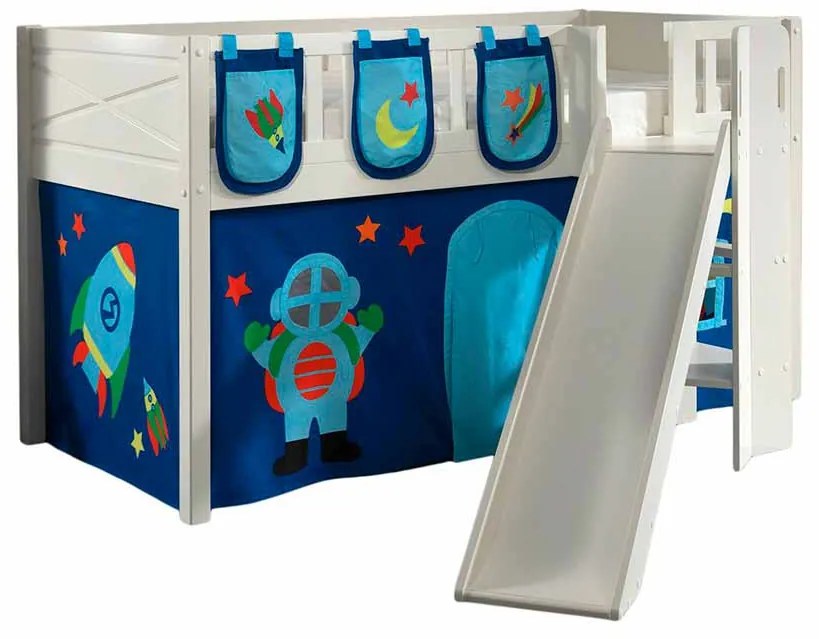 Conjunto cama Infantil SCOTT + escorrega + cortina de brincar ASTRO + 3 bolsos de arrumação Branca