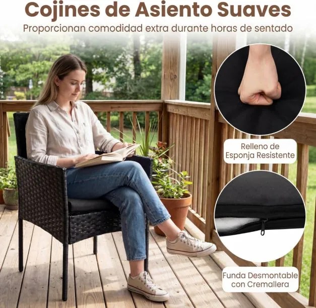 Conjunto de móveis de jardim de 3 peças em rattan com 2 cadeiras e Mesa auxiliar de vidro para terraço, pátio ou varanda Preto