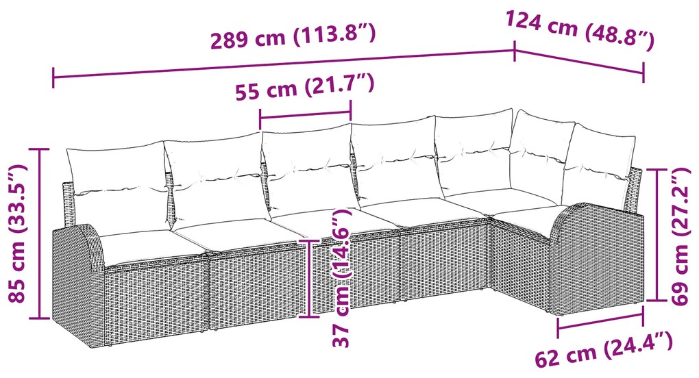 Conjunto de Sofá de Jardim com Almofadas Bege de Rattan Poliéster de 6
