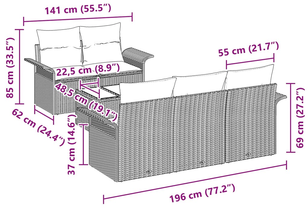 Conjunto de Sofá de Jardim de 6 Peças com Almofadas Bege Rattan Sintét