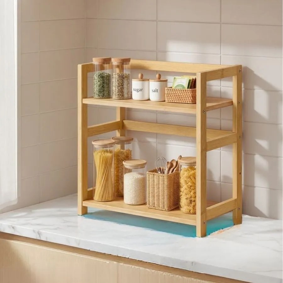 Estante para especiarias 18,6 x 41 x 41 cm com 2 prateleiras em bambu bege natural