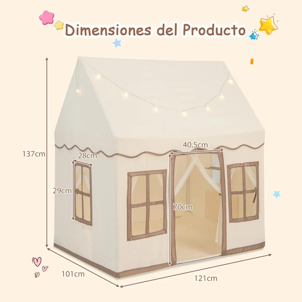 Tenda Infantil com Luzes Estreladas e Tapete Lavável Antiderrapante 121 x 101 x 137 cm Bege e Castanho