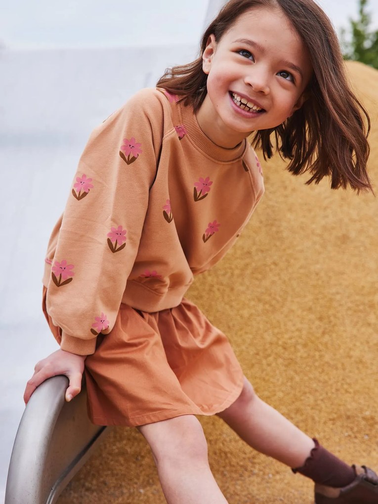 Vestido efeito 2 em 1, flores pop, para menina pêssego