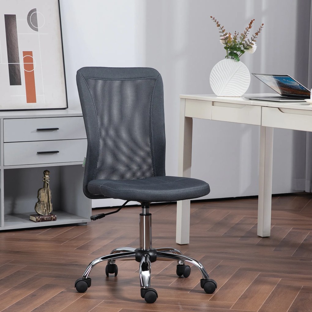 Cadeira de escritório com altura ajustável, base cromada e rotação de 360°, com revestimento em malha cinzenta escura