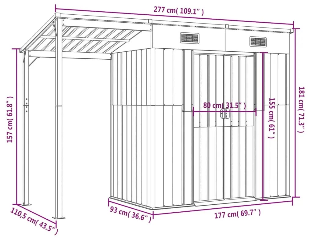 Abrigo de jardim com alpendre 277x110,5x181 cm aço antracite