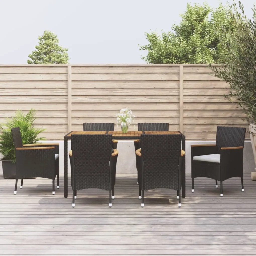 vidaXL 7 pcs conjunto de jantar p/ jardim c/ almofadões vime PE preto