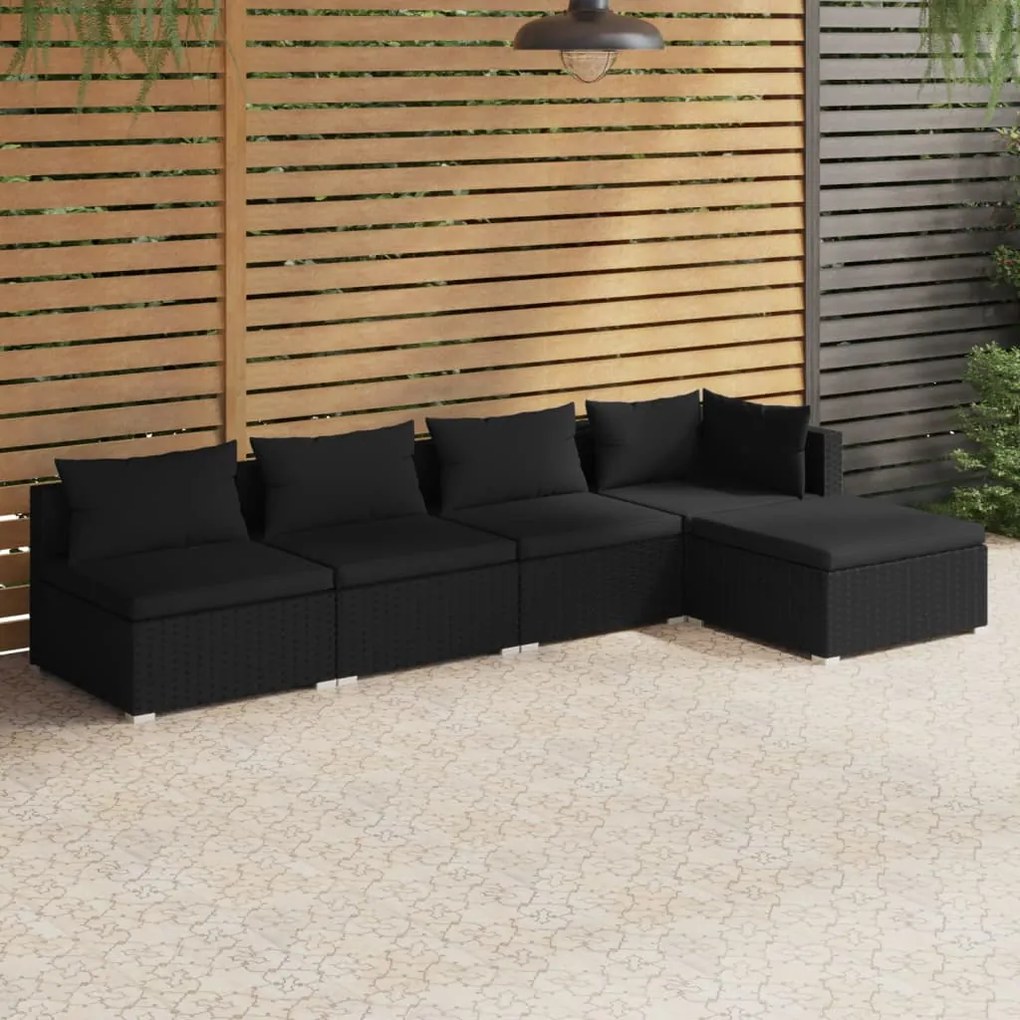 3101624 vidaXL 5 pcs conjunto lounge de jardim c/ almofadões vime PE preto