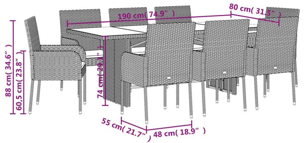 9 pcs conjunto de jantar p/ jardim c/ almofadões vime PE cinza