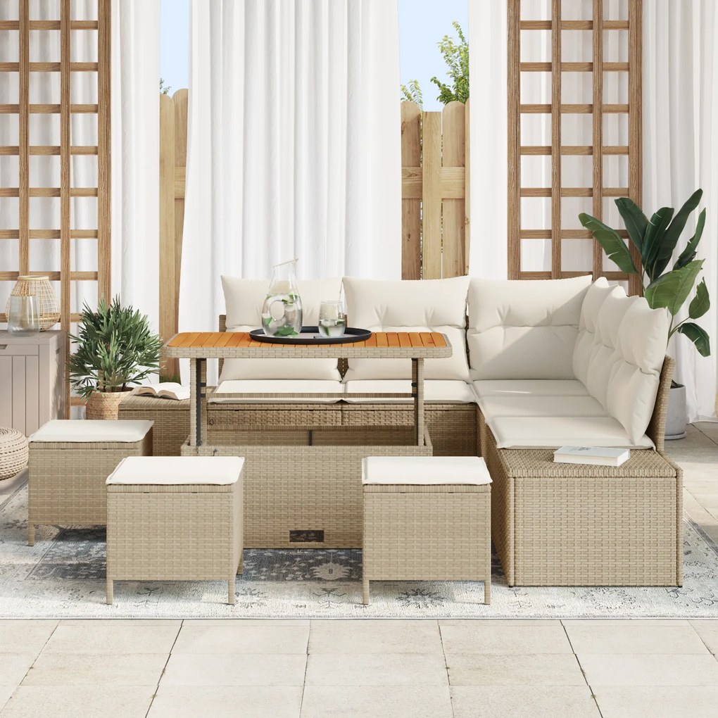 Conjunto de Sofá de Jardim vidaXL 9 Peças com Almofadas Bege Rattan PE