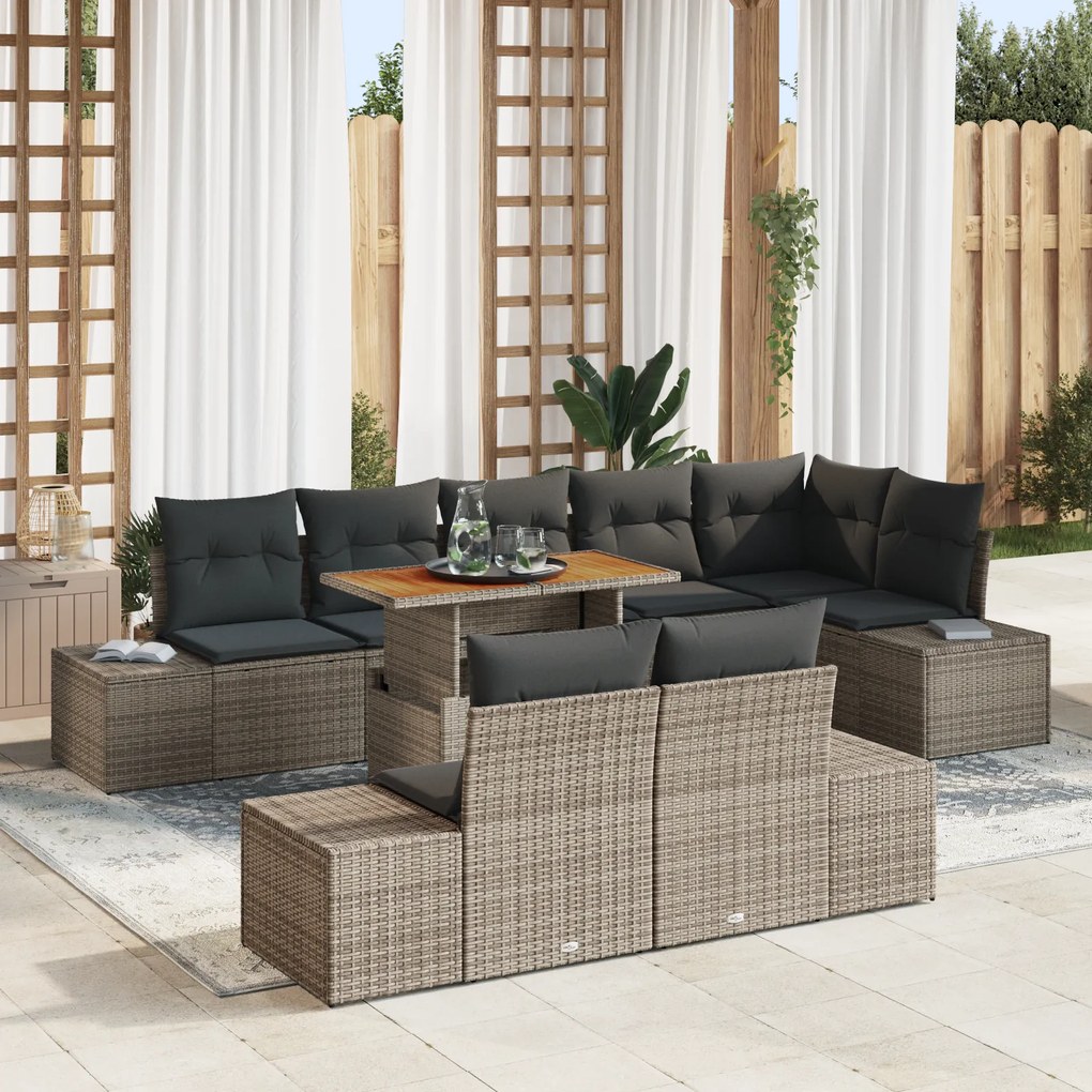 Conjunto de Sofá de Jardim de 9 Peças com Almofadas Cinzento Rattan Po