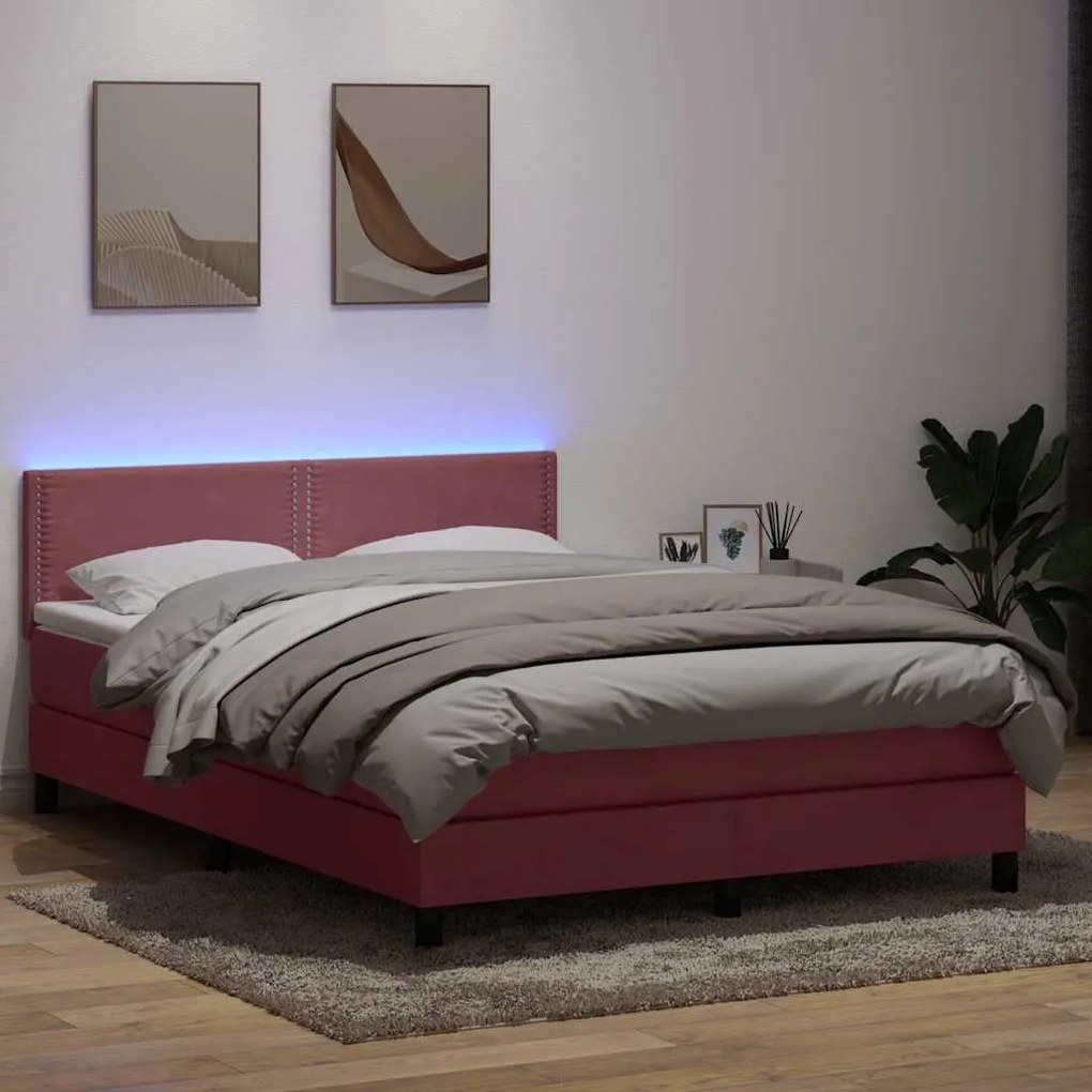 vidaXL Cama box spring c/ colchão e LED 160x210 cm veludo rosa