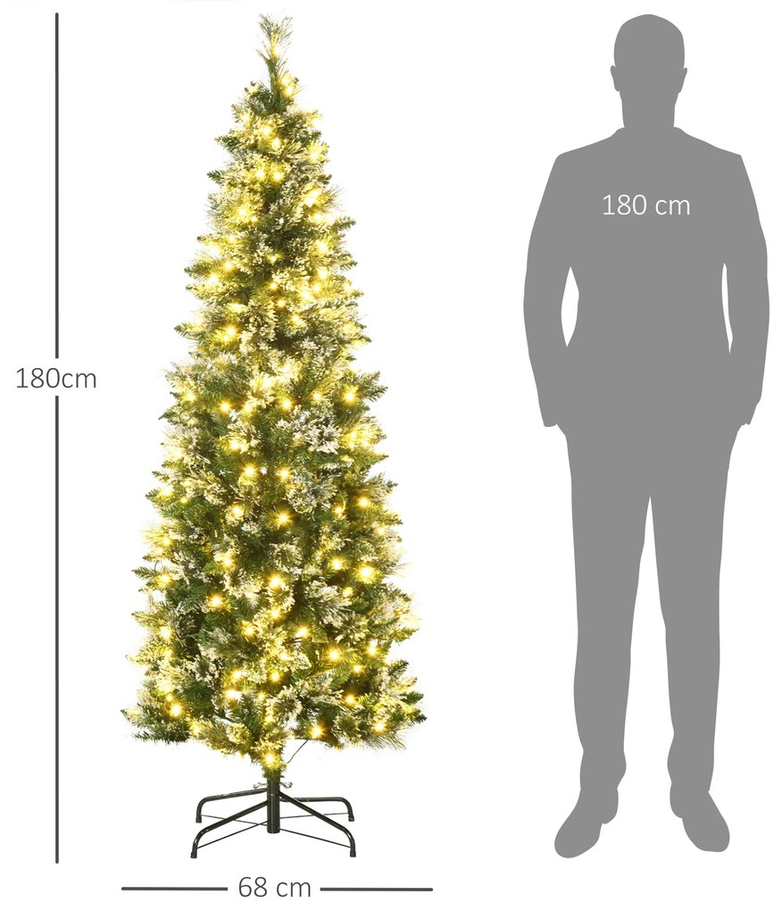 HOMCOM Árvore de Natal Artificial 180 cm com 240 Luzes LED Árvore de Natal com 618 Ramos Suporte de Aço e Formato Slim para Interior Ø68x180 cm Verde