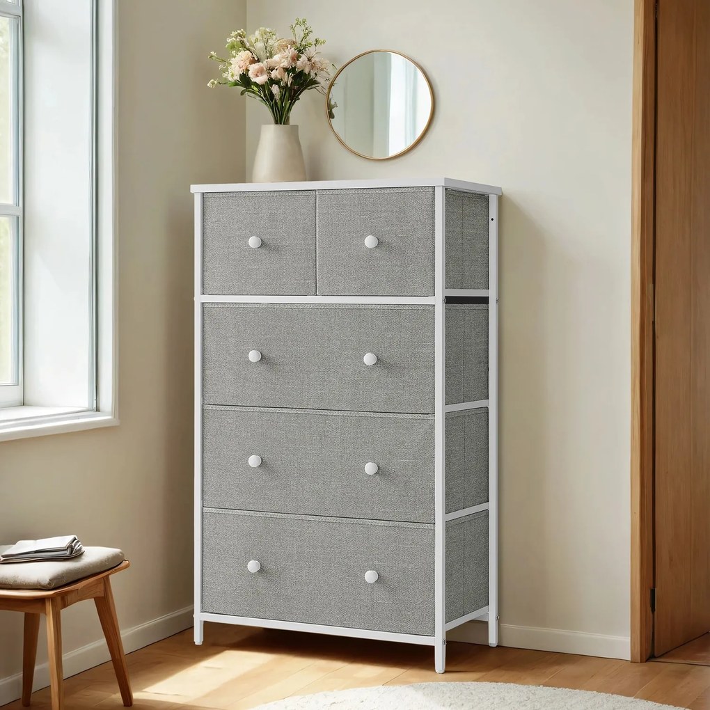 Cómoda, armário de arrumação com 5 gavetas tecido 30 x 56 x 93 cm cinza claro-branco