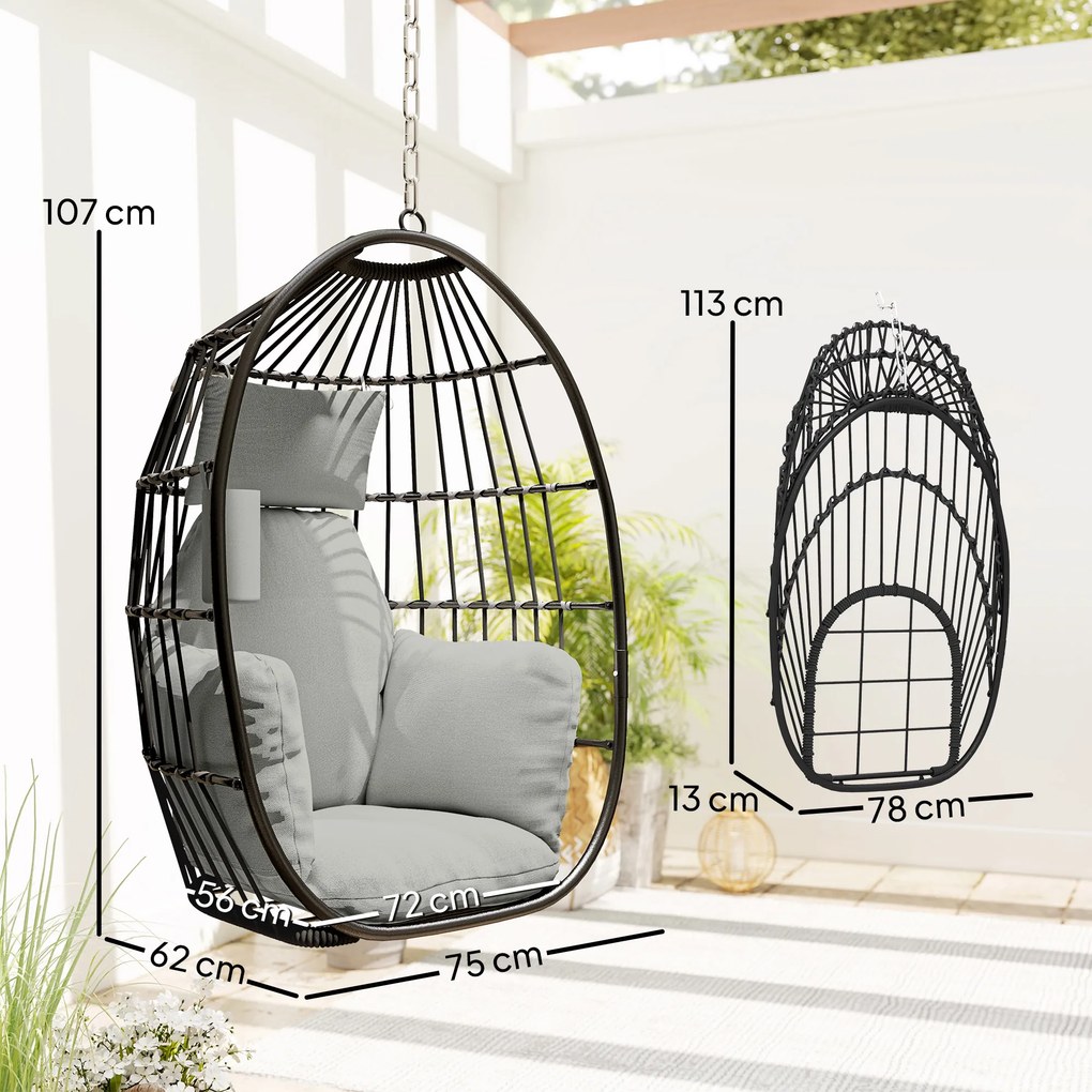Cadeira suspensa em forma de ovo, cesto dobrável, almofadas estofadas, porta-copos, almofada, cinzento escuro