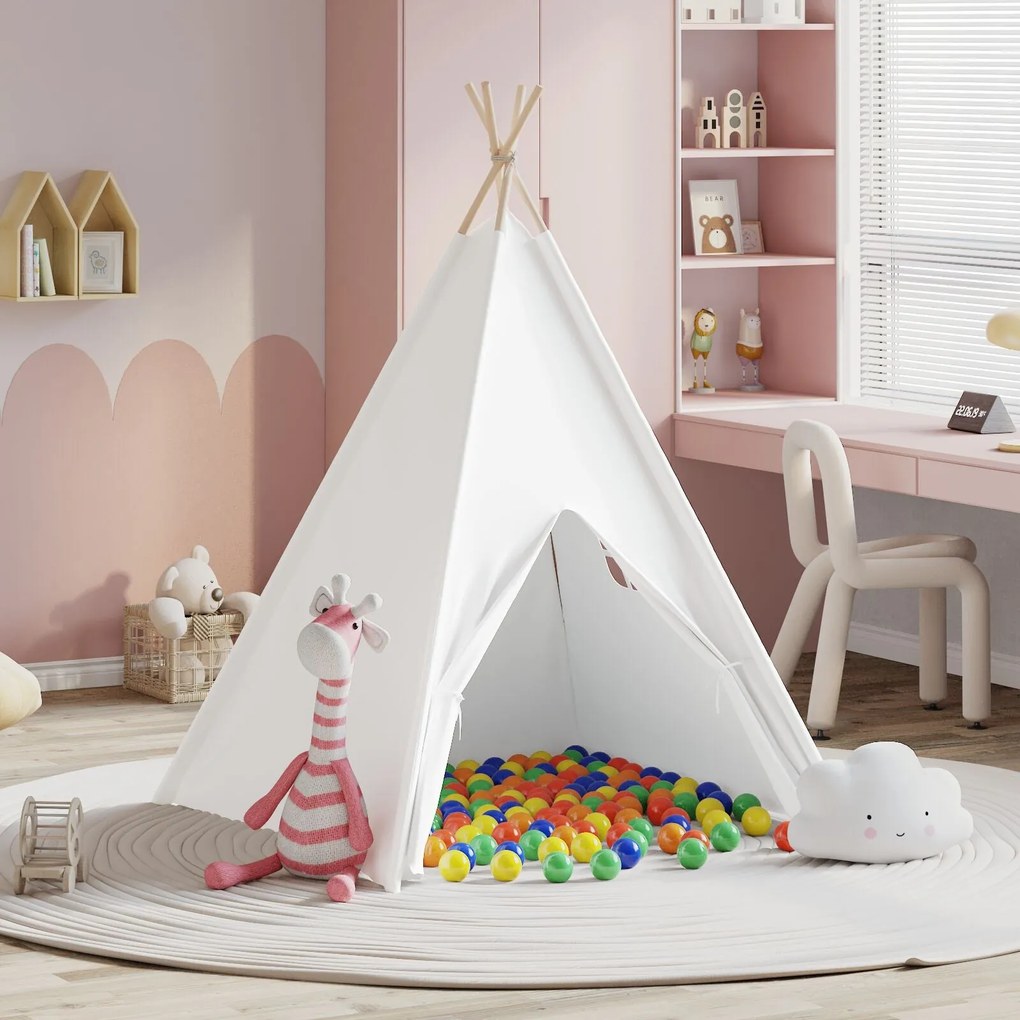 Tenda Teepee para Crianças com Bolsa Pêssego e Bolas de Brincar Branca