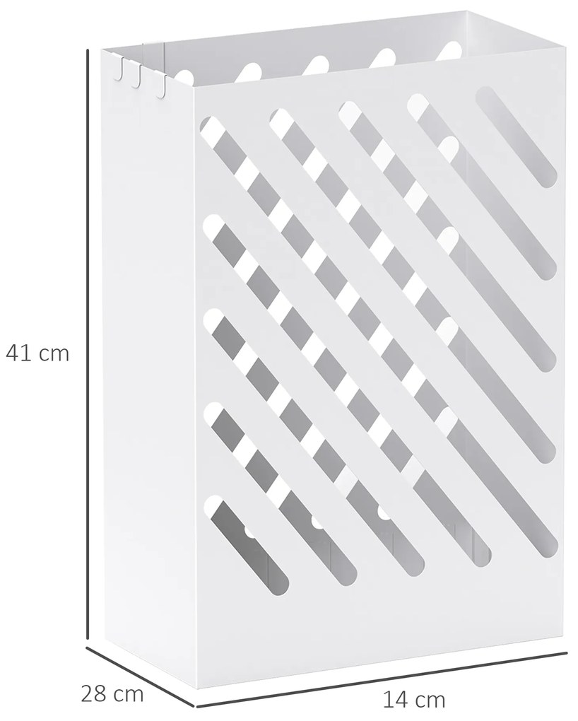 Suporte para Guarda-Chuvas de Aço Galvanizado Estreito com Bandeja de Gotejamento Removível 4 Ganchos 28x14x41 cm Branco