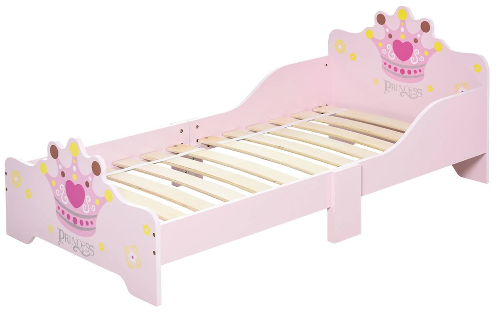 HOMCOM Cama Infantil +3 Anos 143x73x60 cm com Estampado Coroa Carga 50 kg para Quarto Rosa