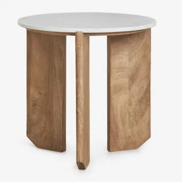 Mesa De Centro Redonda Em Pedra Natural E Madeira De Manga Lavinia Mármore Branco Banswara & Madeira De Manga Rústica & Ø50 Cm - Sklum