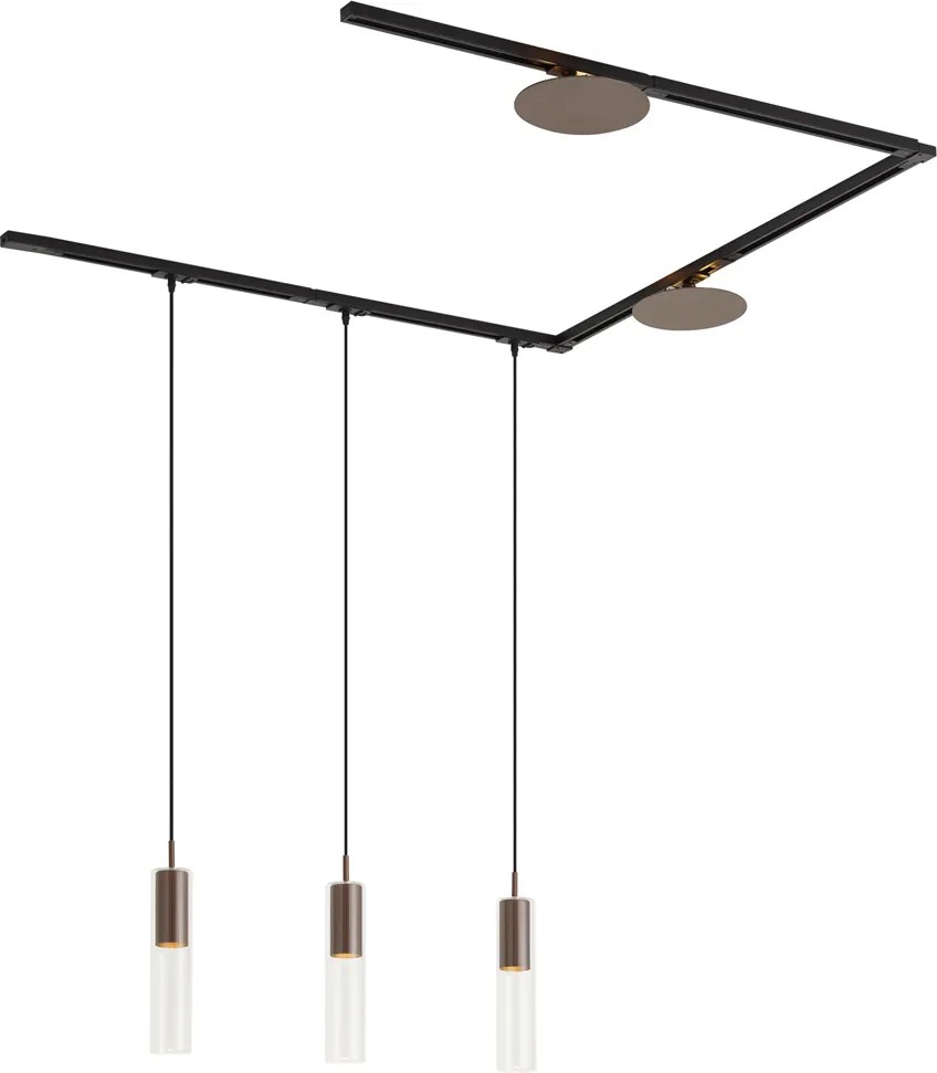 Sistema de calhas de iluminação moderno preto com 3 candeeiros suspensos e 2 candeeiros de teto bronze monofásico - Iconic Lloyd Pulley
