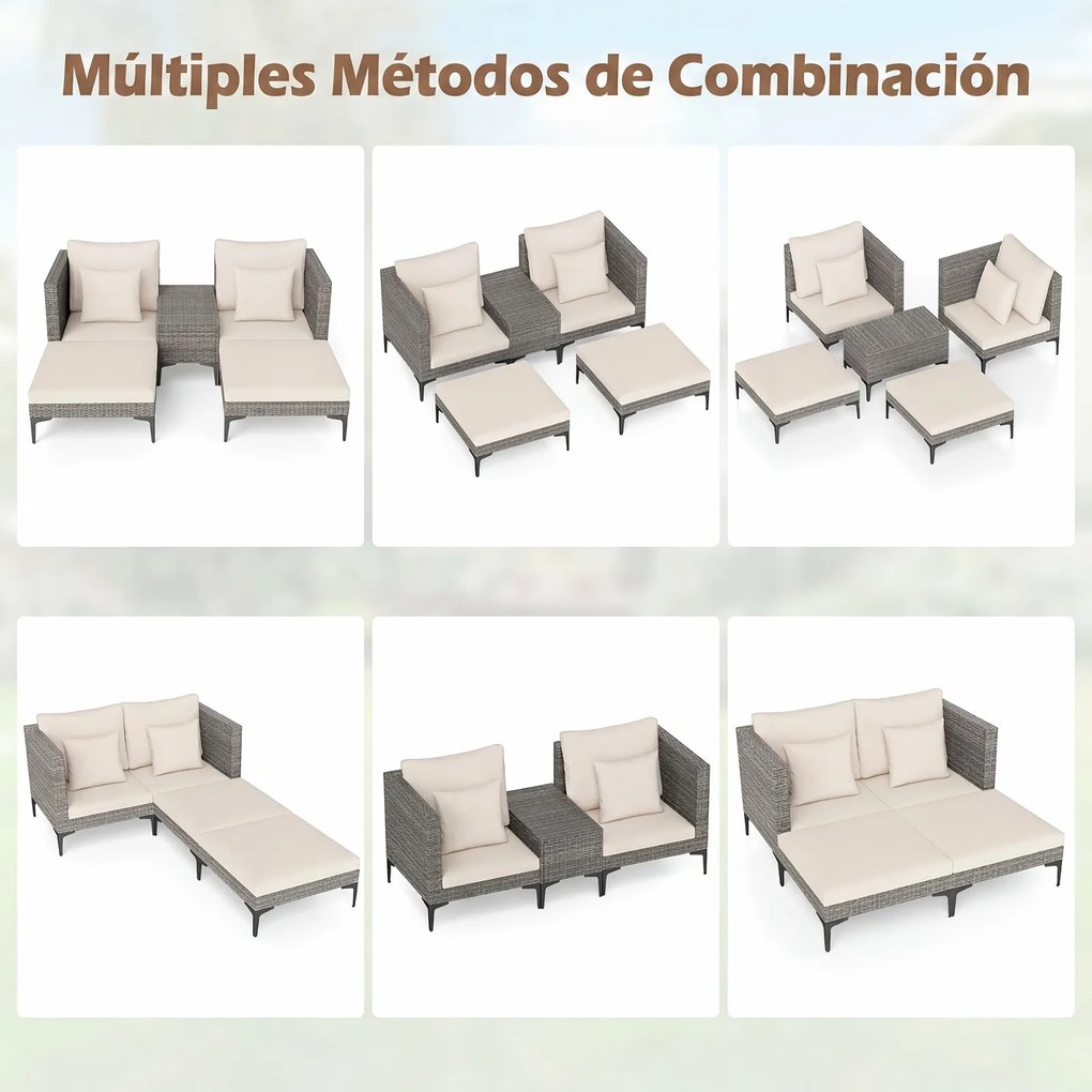 Conjunto jardim de rattan para exterior de 5 peças com mesa auxiliar, 2 sofás, 2 apoios para os pés, almofadas e travesseiros macios, modular, para pá
