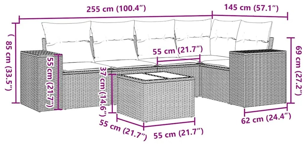 6 pcs conj. sofás jardim com almofadões vime PE cinzento-claro