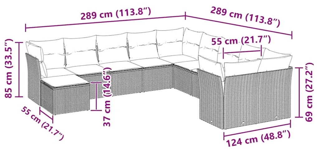 11 pcs conjunto sofás de jardim c/ almofadões vime PE cinzento