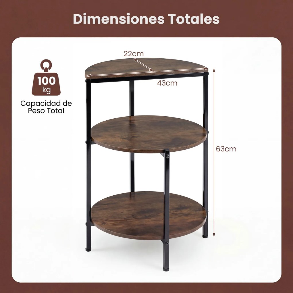 Mesa apoio redonda com 3 estantes 43 x 43 x 63 cm, Estrutura metálica, ideal para o quarto, sala e espaços pequenos, em Castanho rústico