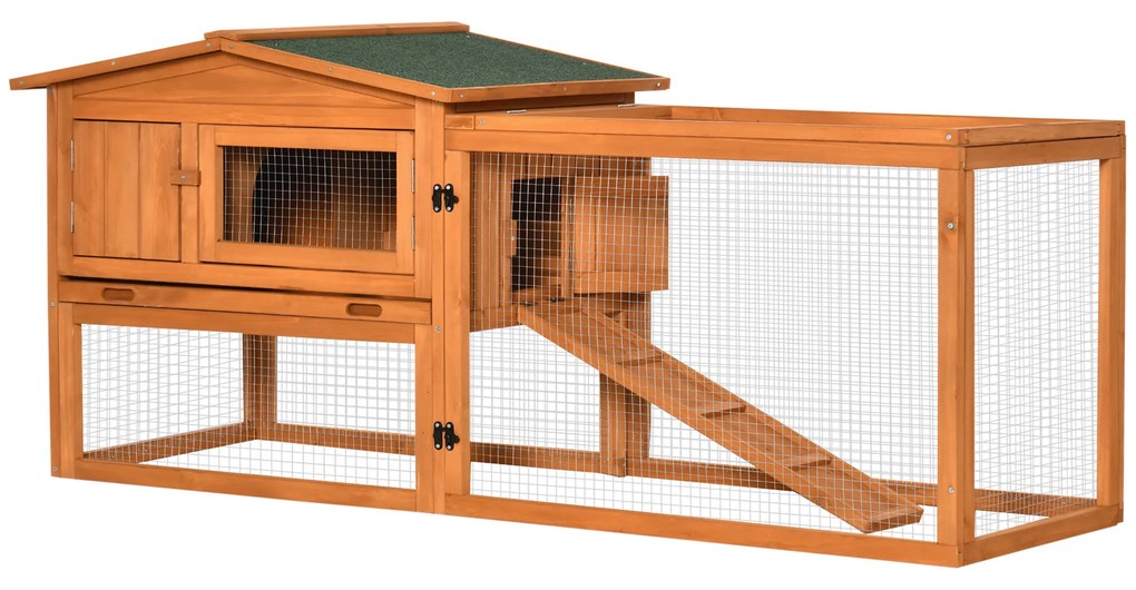 Pawhut Coelheira de Madeira Exterior de 2 Níveis com Teto 2 Áreas Bandeja 2 Portas Janela e Rampa 157,4x53x93,5 cm Madeira Natural | Aosom Portugal