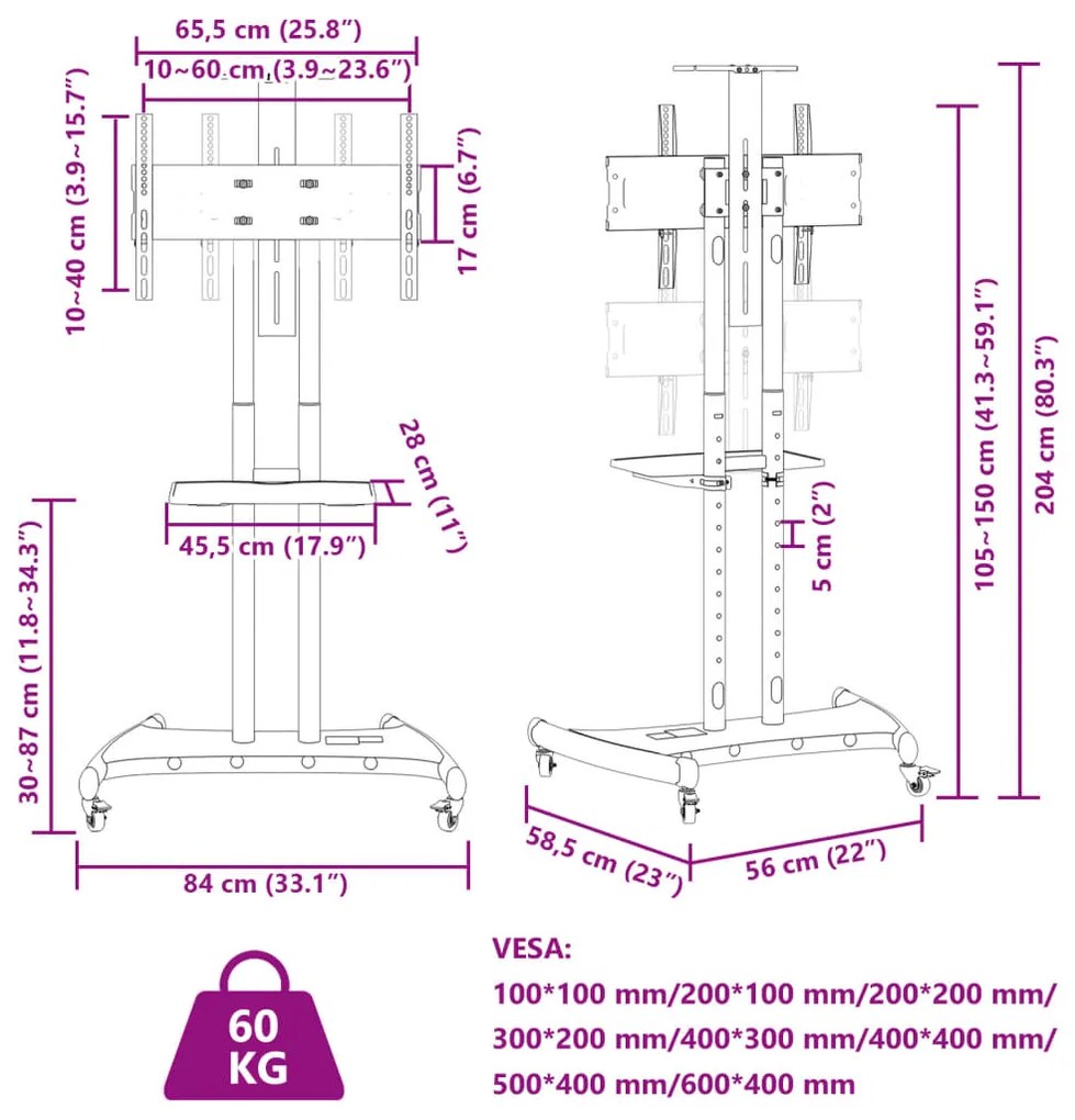 Suporte de TV c/ rodas ecrãs de 32-70" Max VESA 600x400mm 60kg