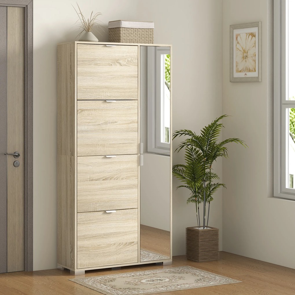 Armário para sapatos com 4 portas basculantes 82 L x 30 P x 168 A cm, 2 compartimentos e frentes espelhadas para 16 pares de sapatos, móvel de entrada