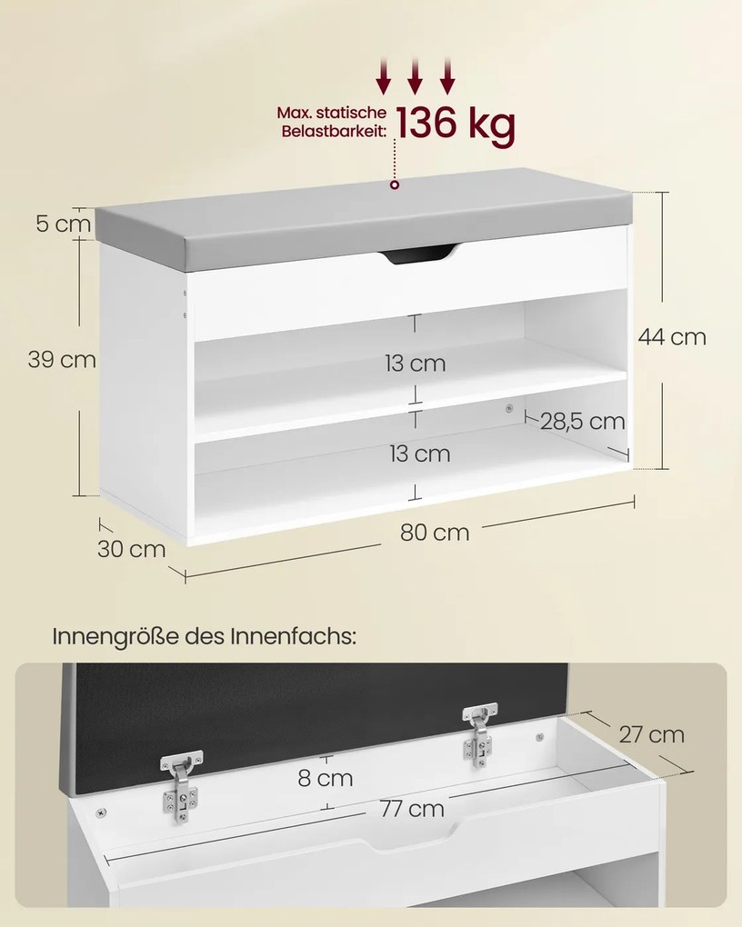 Banco arrumação para sapatos 30 x 80 x 44 cm com almofada acolchoada e 3 prateleiras em branco e Cinzento