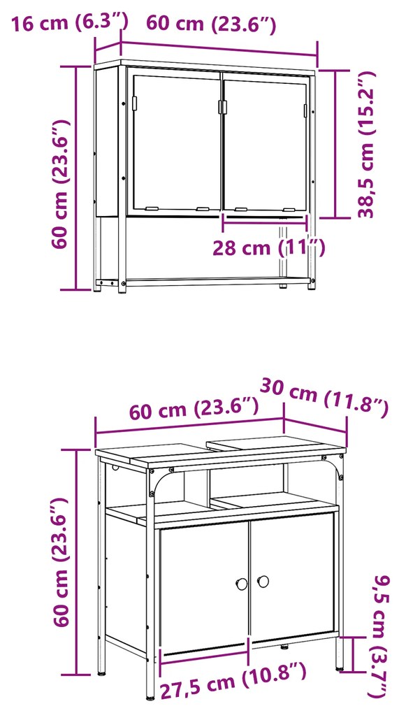 Conjunto de Armário de Banheiro de 2 Peças em Madeira Sonoma