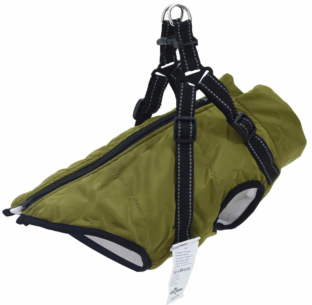 vidaXL Casaco para Cães com arnês Verde Exército L32 Velo e Poliéster