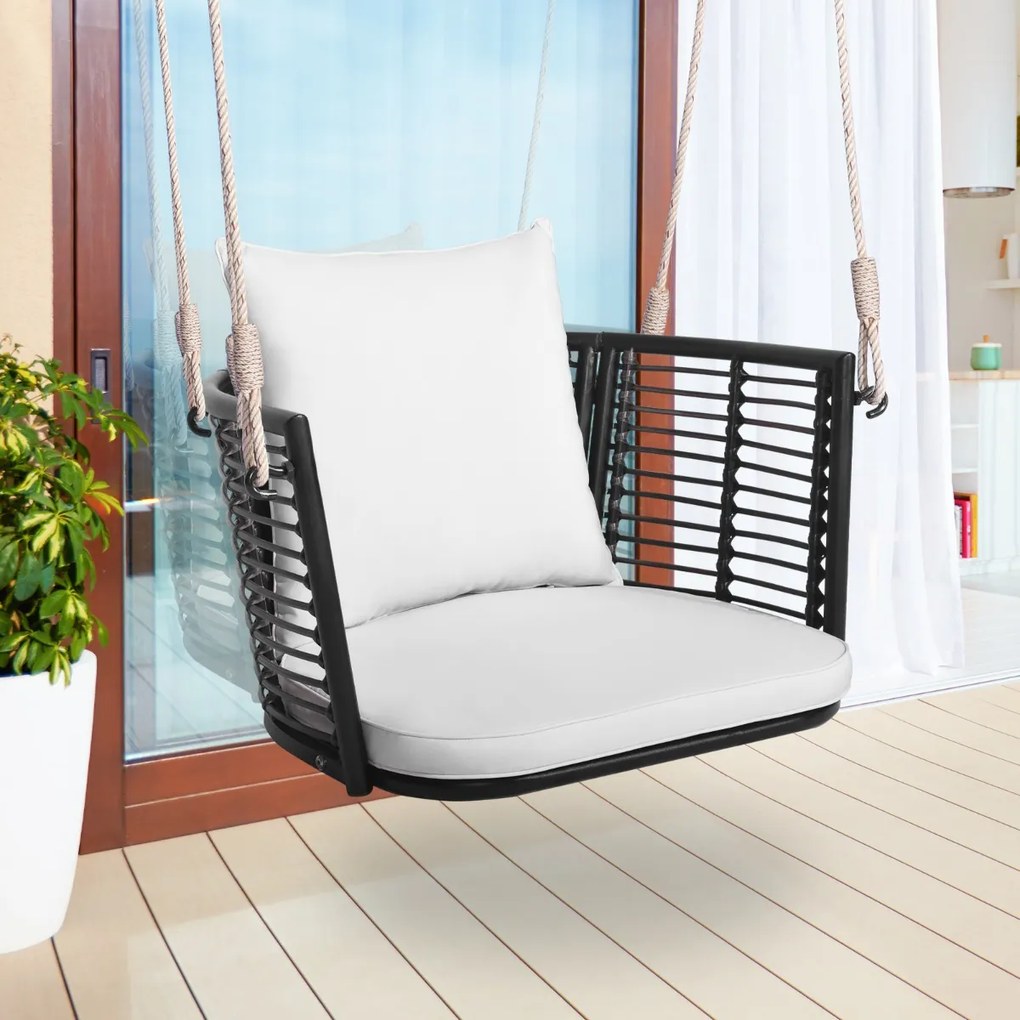 Baloiço jardim de metal para 1 pessoa com encosto em rattan tecido 2 cordas suspensas Almofadas de assento branco