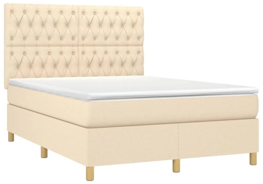 Cama box spring c/ colchão e LED 140x200 cm tecido cor creme