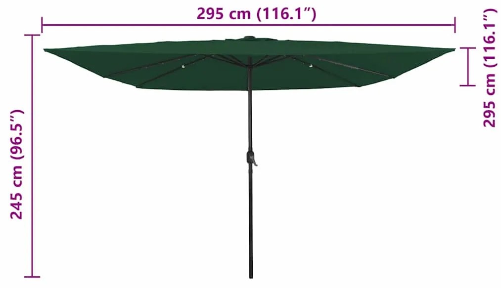 Guarda-Sol Quadrado com Luzes LED 295 x 245 cm Verde