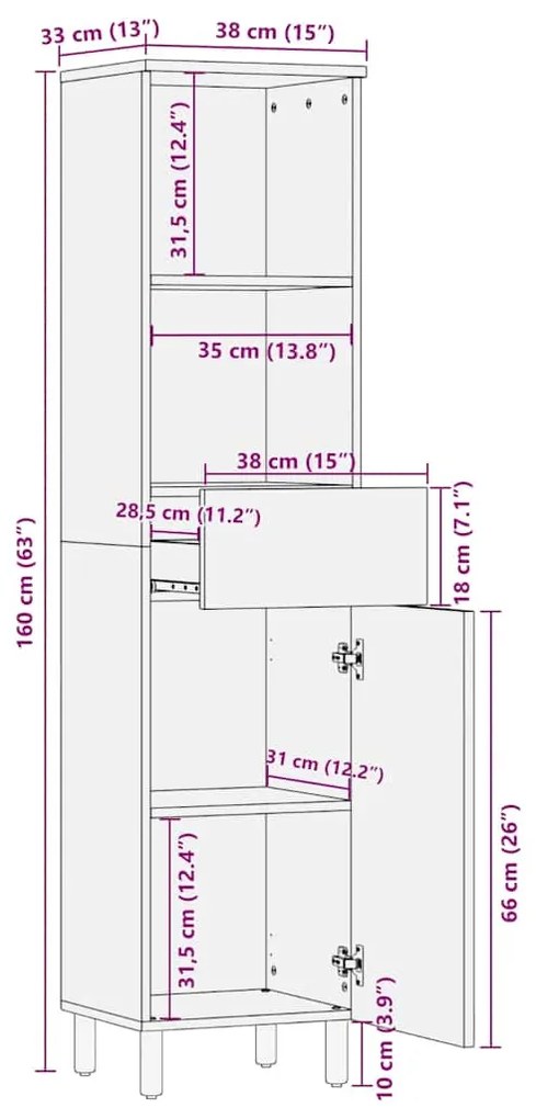 Armário de casa de banho 38x33x160 cm mangueira maciça castanho