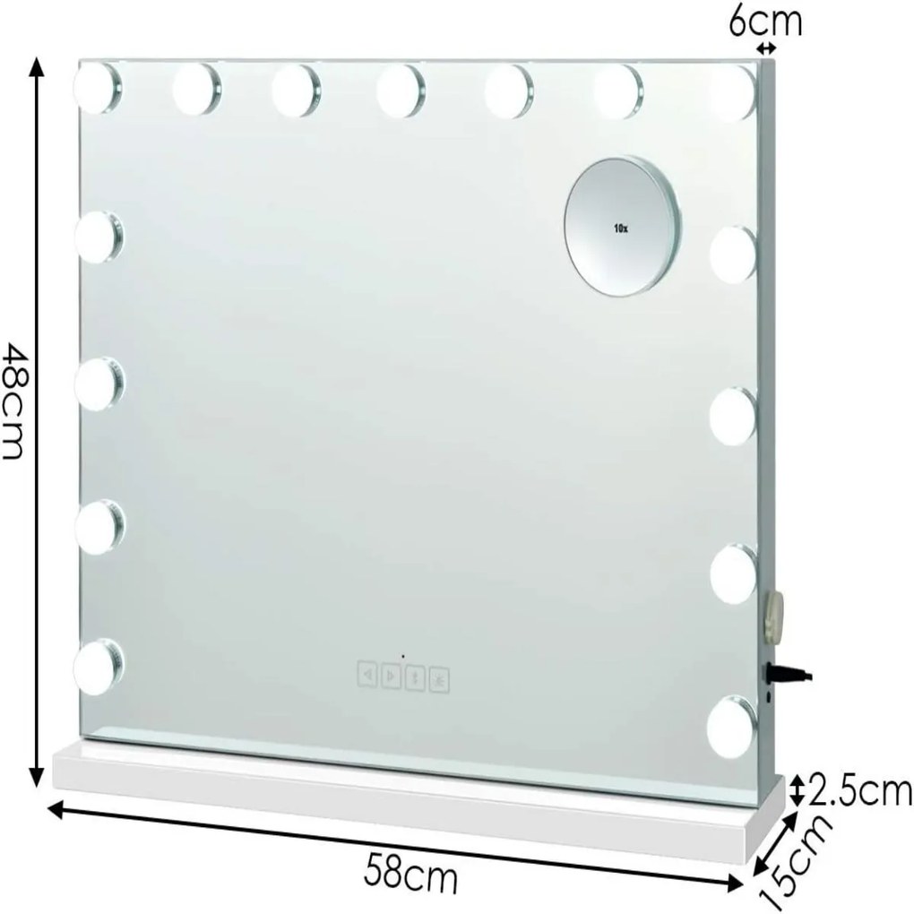 Espelho de maquilhagem com 2 altifalantes 15 luzes LED 3 cores de luz Espelho pequeno com ampliação de 10x Espelho cosmético Bluetooth Branco