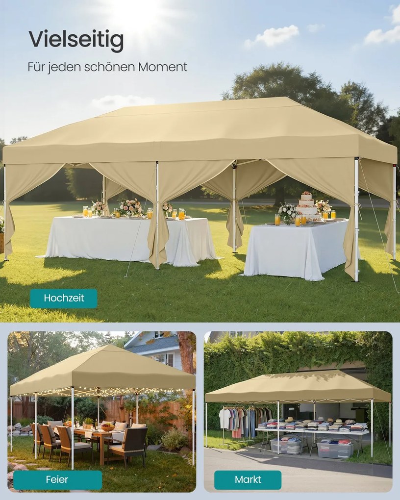 Tenda dobrável de 3 x 6 m para jardim e festas, com 6 paredes laterais, cor bege