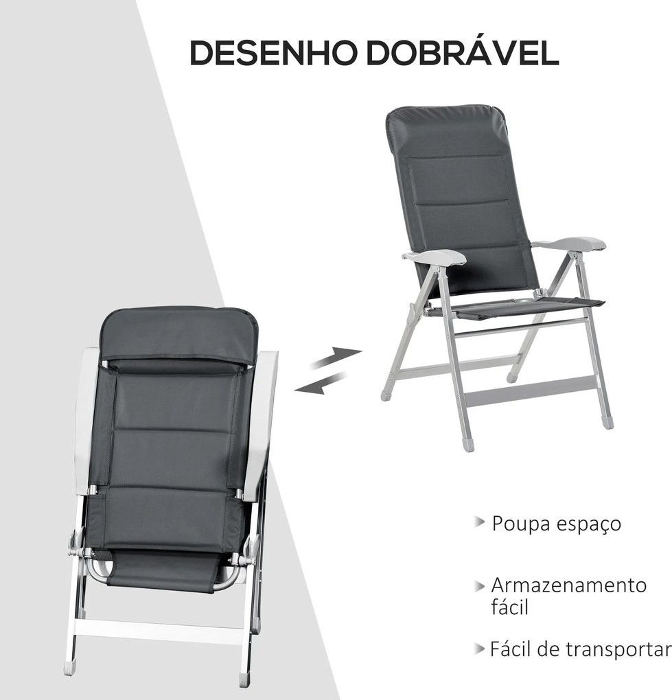 Cadeira de jardim dobrável de alumínio com encosto alto ajustável de 7 posições e encosto de cabeça acolchoado 75x61,5x114,5 cm cinza