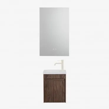 Conjunto De Móvel De Casa De Banho Suspenso Em Madeira Com Lavatório Integrado Narek Madeira Escura & Retangular Led E Anti-embaciamento - Sklum