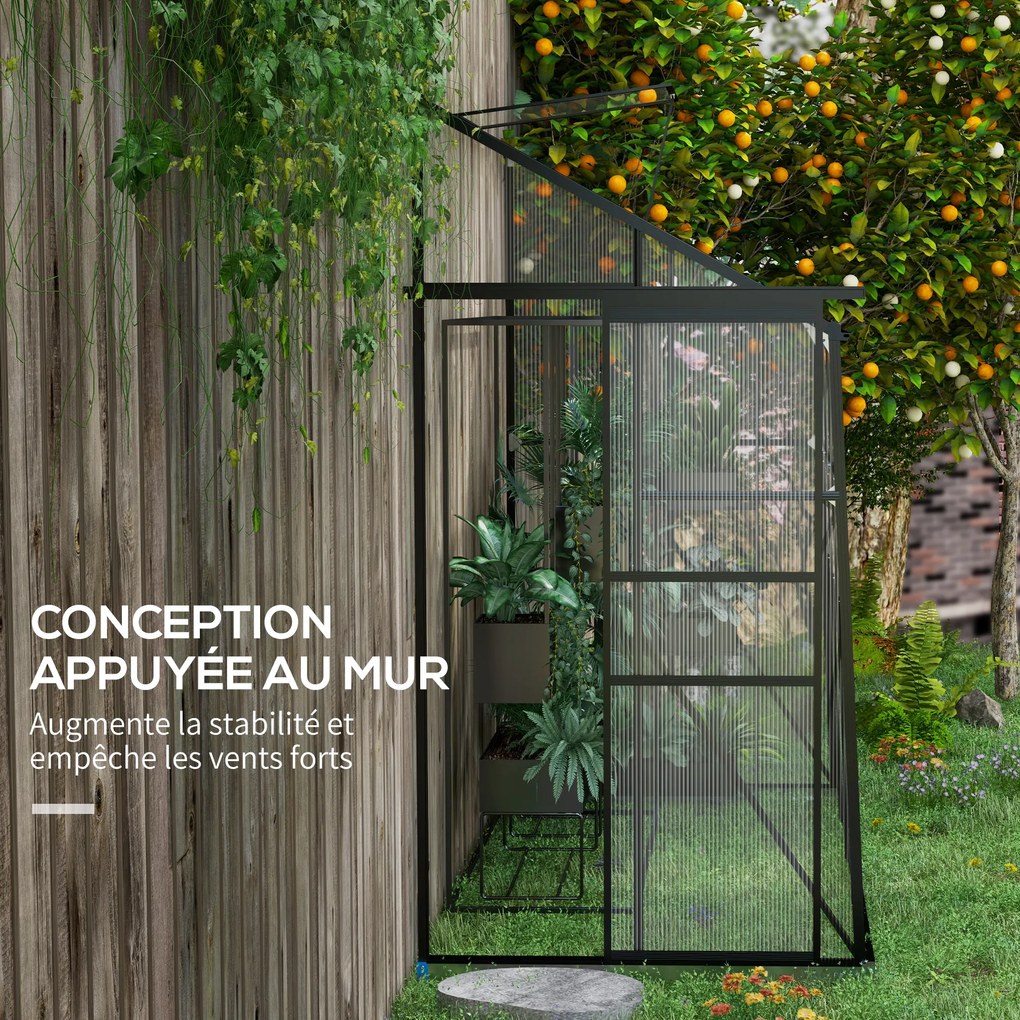 Estufa de jardim 127 x 253 x 240 cm parede em policarbonato, com porta de correr, ventilação no telhado, base, preta