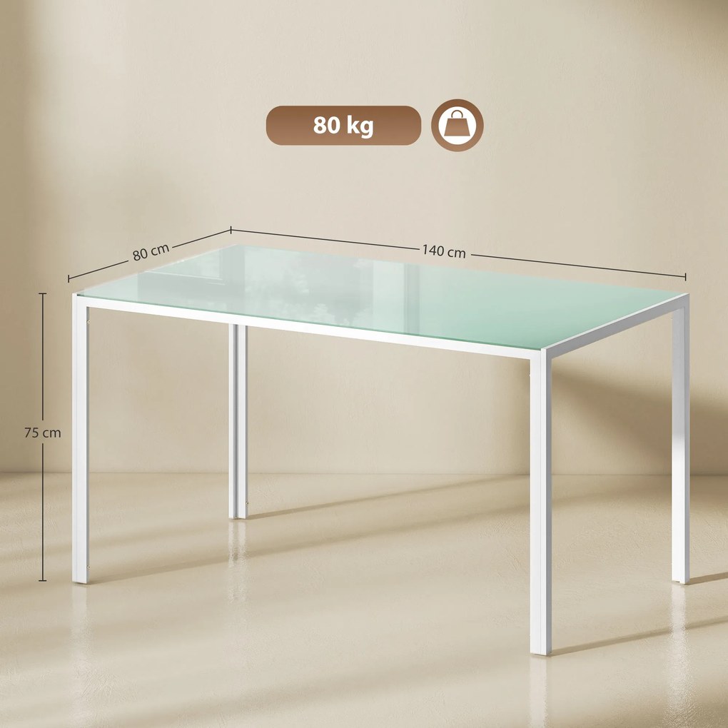 Mesa de Refeição de Vidro Mesa Retangular para 6 Pessoas com Pés de Metal 140x80x75 cm Branco
