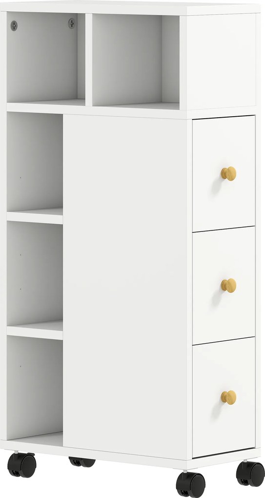 HOMCOM Armário de Banheiro Estreito, Armário com 4 Rodízios, 3 Gavetas, 5 Nichos Abertos, 20x40x80cm, Branco | Aosom Portugal