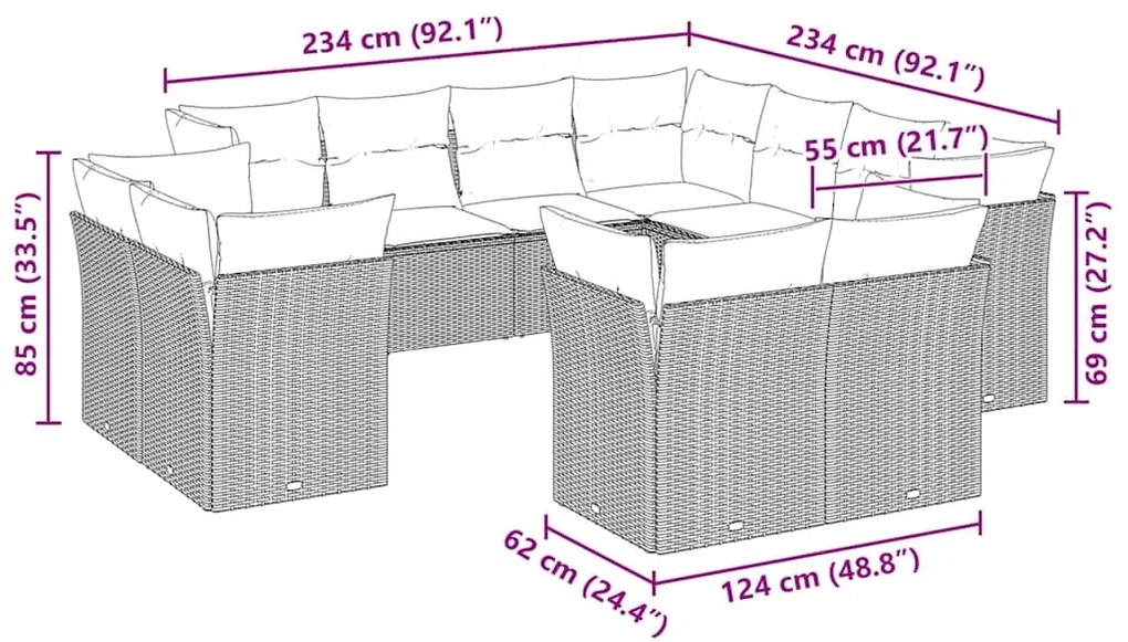 11 pcs conjunto sofás de jardim c/ almofadões vime PE cinzento