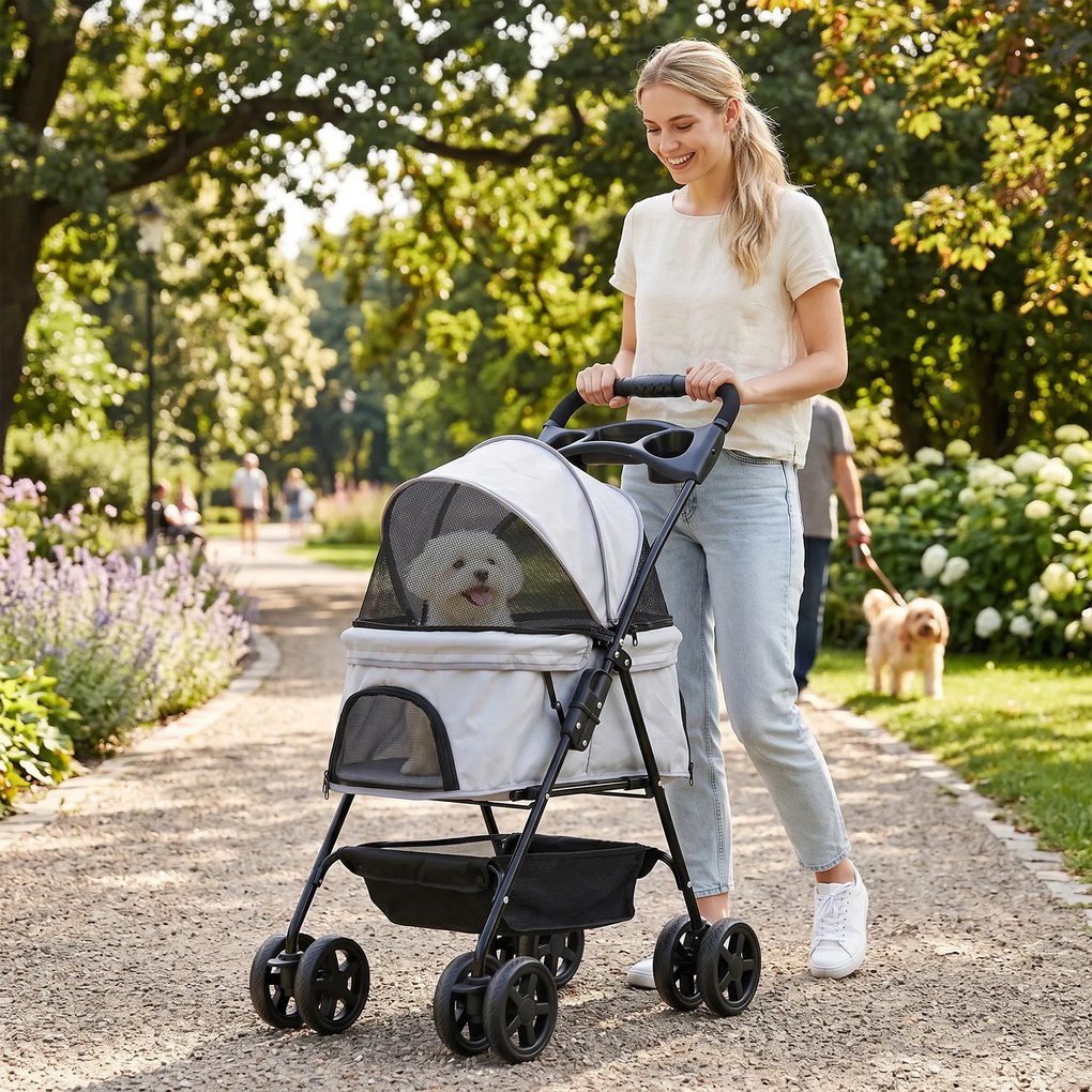 Carrinho para Cães Pequenos com 4 Rodas Travão Cesto Capota Correias de Segurança e Janelas 67x45x96 cm Cinza Claro